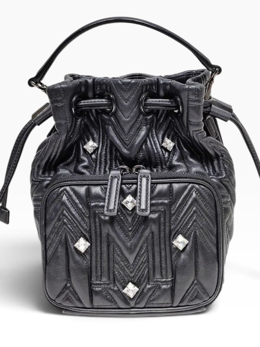 MCM Black Leather Crystal Embellished Drawstring Bucket Bag